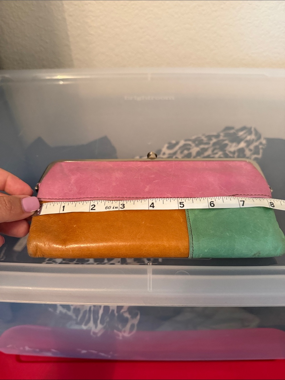 HOBO Leather Frame Wallet Clutch Colorblock Orange Pink Green - Picture 7 of 8